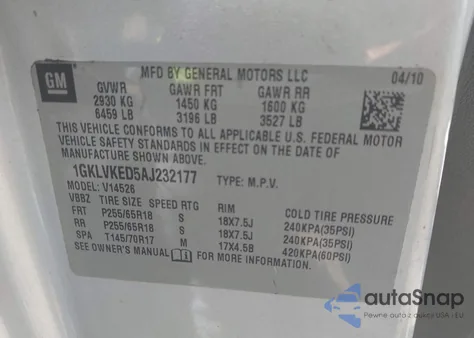 2010 GMC Acadia Sl из США, поврежденный, VIN 1GKLVKED5AJ232177